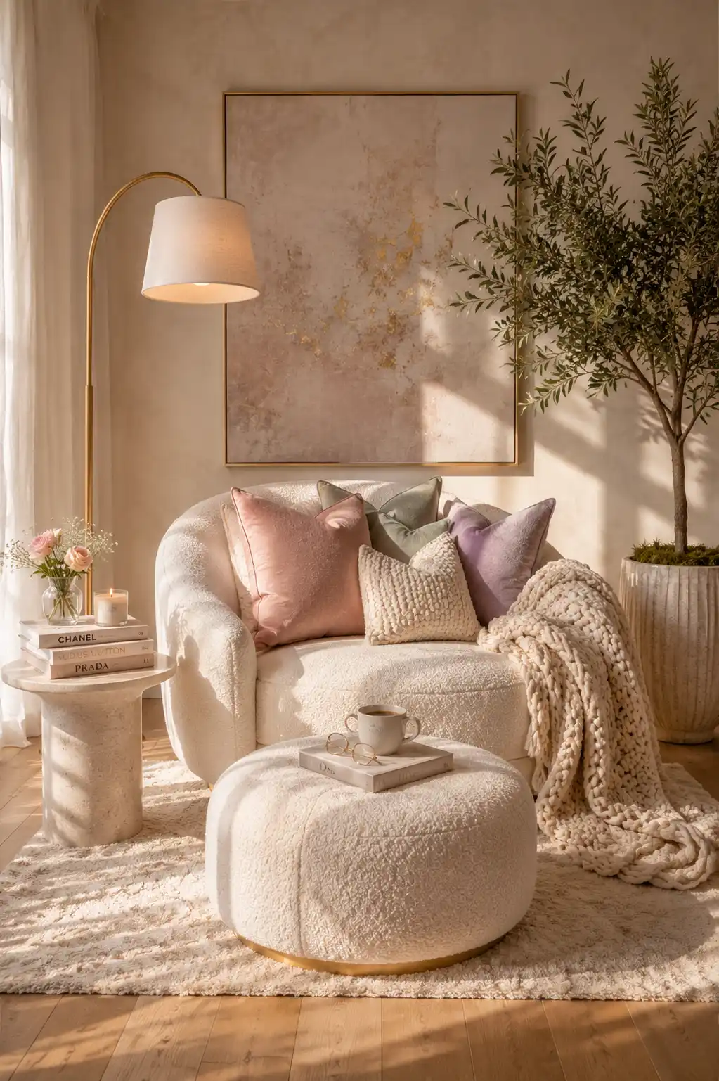 Comfortable boucle accent chair with matching ottoman, floor lamp, side table, books, knitted throw, cozy reading corner, and stylish modern teen girl bedroom inspiration.