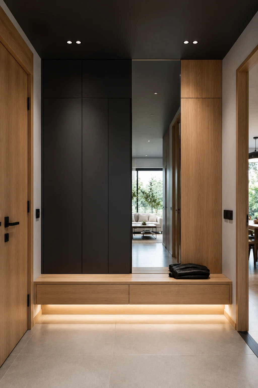 Modern small entryway featuring matte black floor to ceiling cabinets, warm oak floating bench with hidden drawers, full height mirror, concealed storage, LED lighting, porcelain flooring, and a bold luxury minimalist entrance with clean lines.