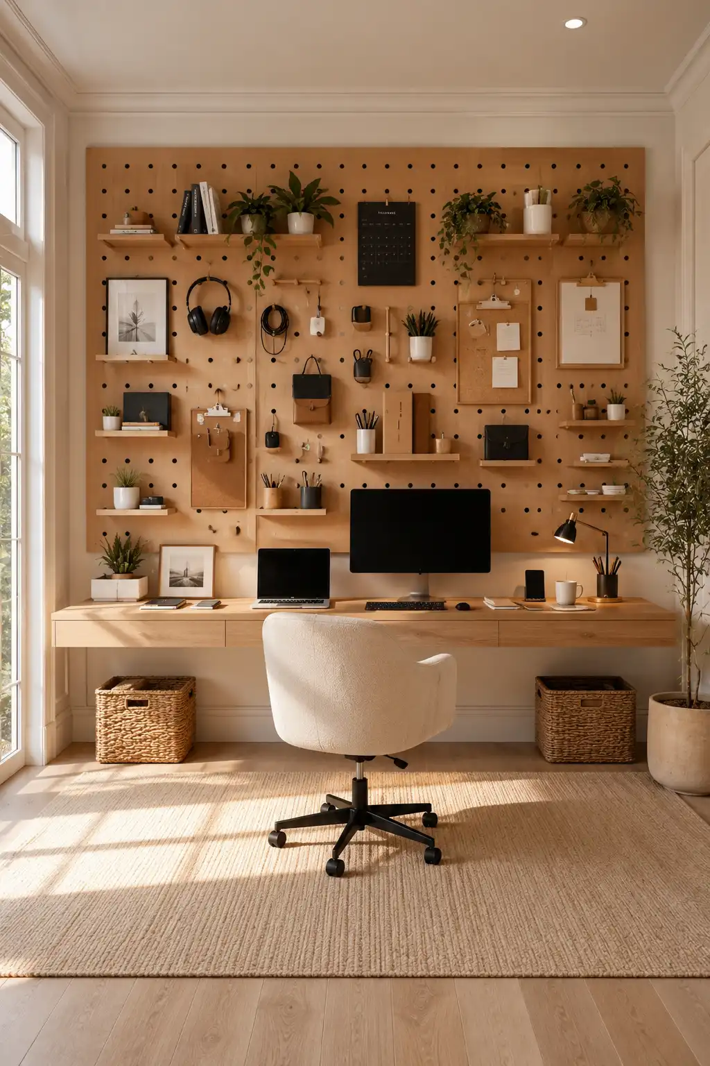 Creative small home office ideas with a large pegboard wall organizer, floating shelves, storage hooks, office accessories, desktop monitor, ergonomic office chair, woven storage baskets, organized workspace, modern office décor, functional home office inspiration.