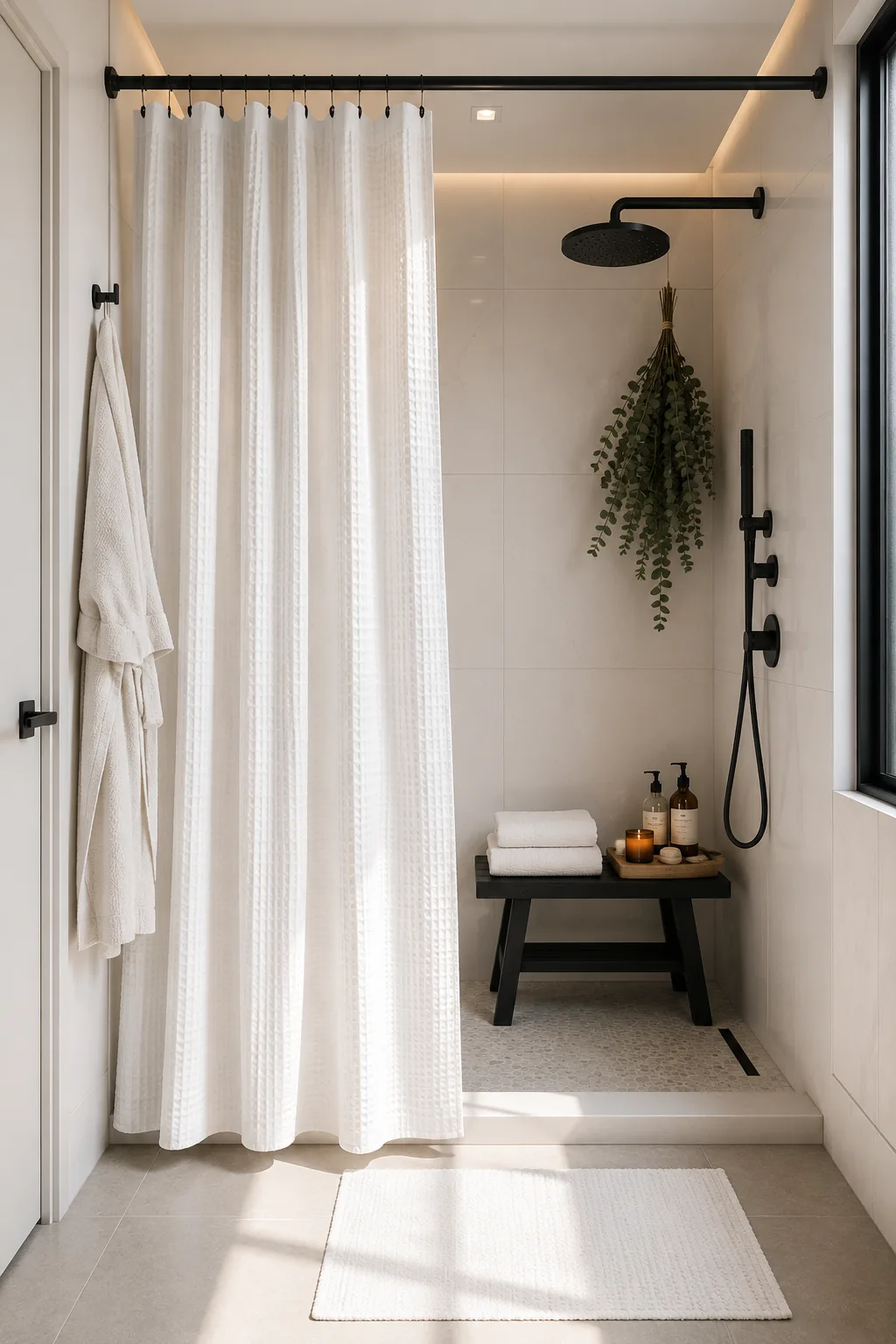 White waffle weave shower curtain with matte black curtain rod, modern walk in shower, rainfall showerhead, eucalyptus bundle, folded towels, shower bench styling, luxury hotel bathroom inspiration, small bathroom shower makeover ideas.