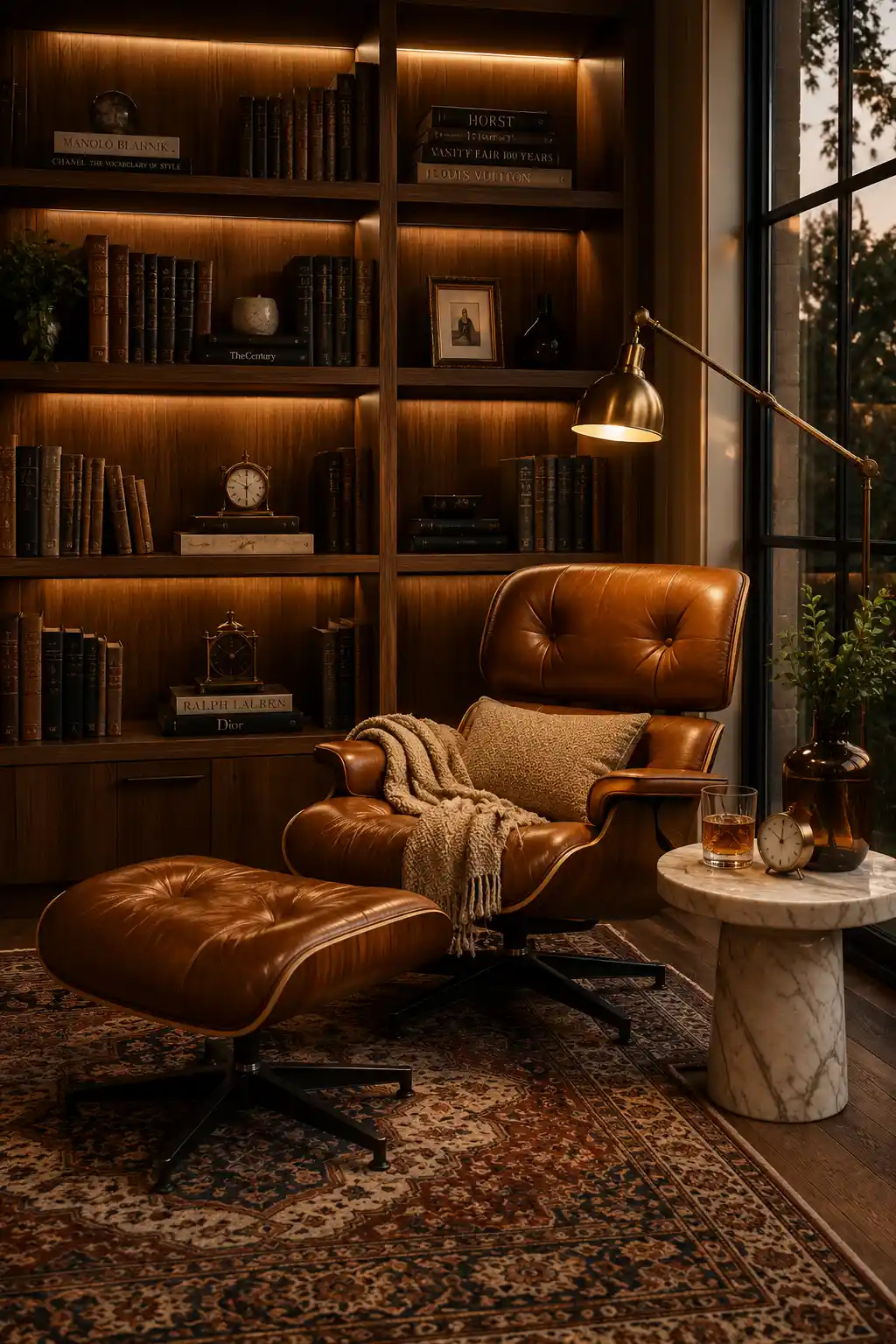 Mid century leather reading chair with matching ottoman, walnut bookshelves, brass reading lamp, marble side table, vintage rug, and luxurious home library reading nook inspiration.