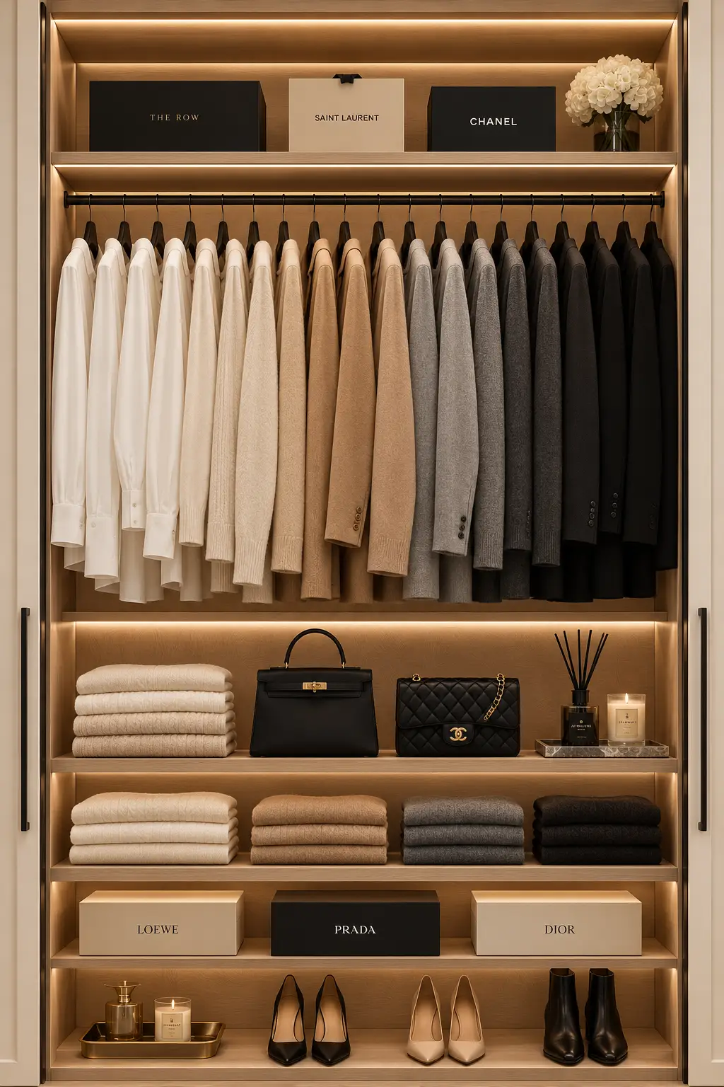Boutique style luxury closet featuring color coordinated clothing displays, designer handbags, decorative storage boxes, folded knitwear, matching hangers, premium open shelving, warm LED lighting, elegant wardrobe styling, and beautiful small closet organization ideas for modern homes.