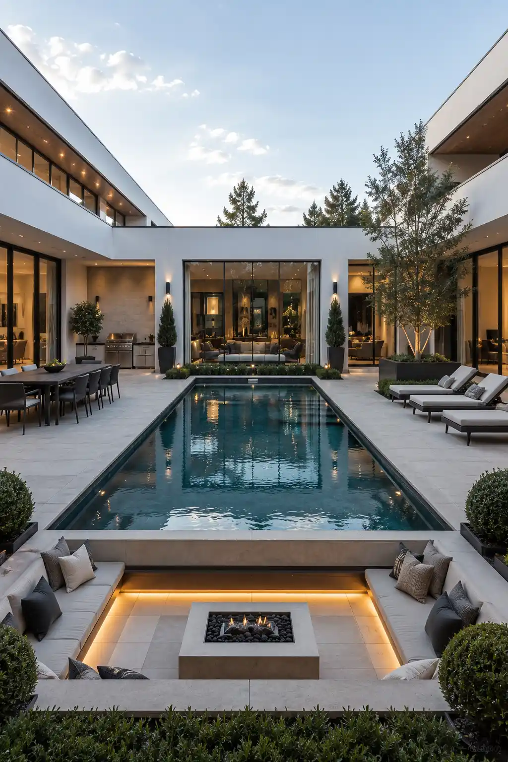 Luxury courtyard backyard pool surrounded by modern architecture, floor to ceiling glass walls, outdoor dining area, premium lounge seating, sunken fire pit, porcelain pavers, landscaped gardens, and elegant resort inspired outdoor living.