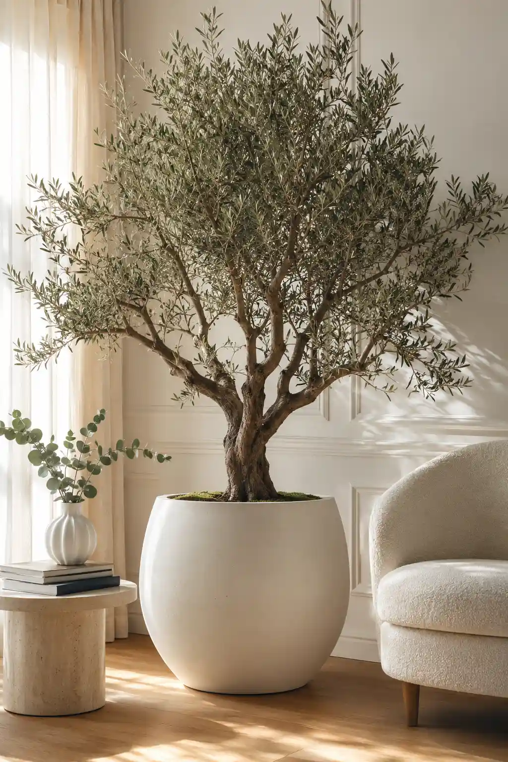 Large indoor olive tree with realistic silvery green foliage displayed inside a matte white ceramic planter beside a cream boucle chair creating elegant spring living room decor with natural sunlight and warm neutral styling.