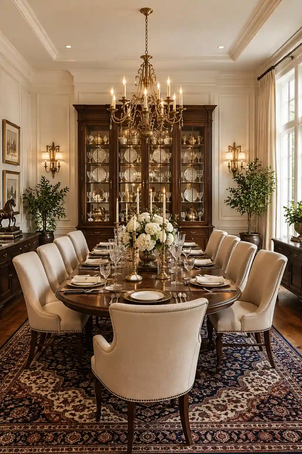 Elegant Ralph Lauren dining room with a large walnut dining table, upholstered cream dining chairs, crystal glassware, brass chandelier, formal tablescape, Persian area rug, glass display cabinet, white hydrangea centerpiece, classic wall molding, and timeless traditional luxury dining room decor.