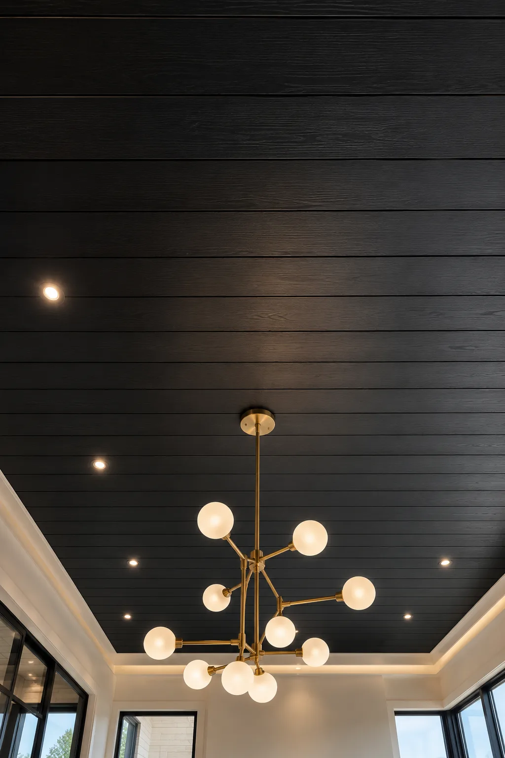 Matte black shiplap tray ceiling with contemporary gold globe chandelier, recessed lighting, dramatic luxury ceiling design, bold modern interior, black painted wood ceiling planks, elegant architectural lighting, premium contemporary ceiling inspiration, sophisticated black shiplap ceiling ideas for stylish homes