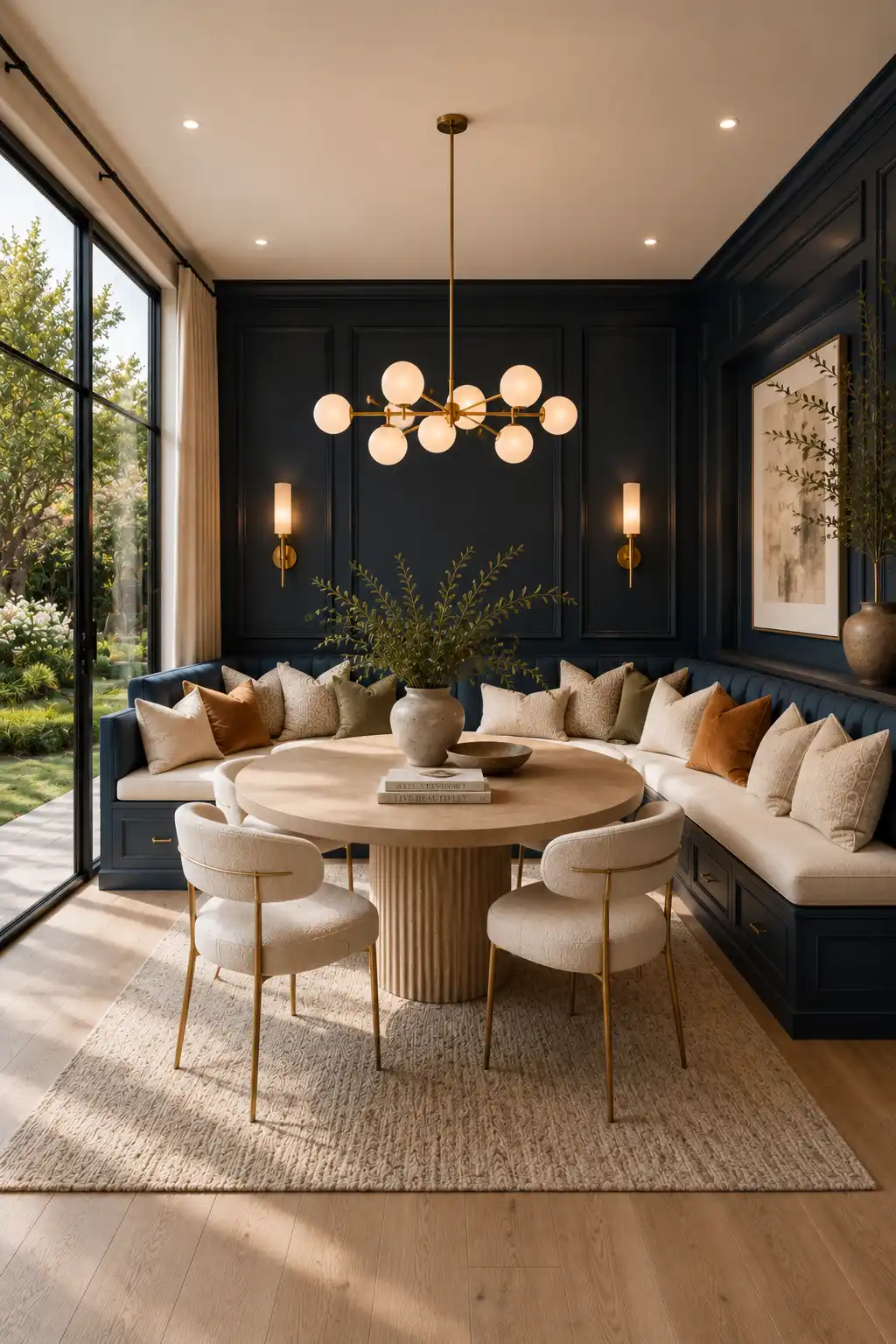 Navy blue built in banquette seating with wall panel molding, round pedestal dining table, brass chandelier, upholstered dining chairs, luxury dining nook, custom breakfast nook, bold dining room ideas, elegant built in bench seating, modern classic interiors.