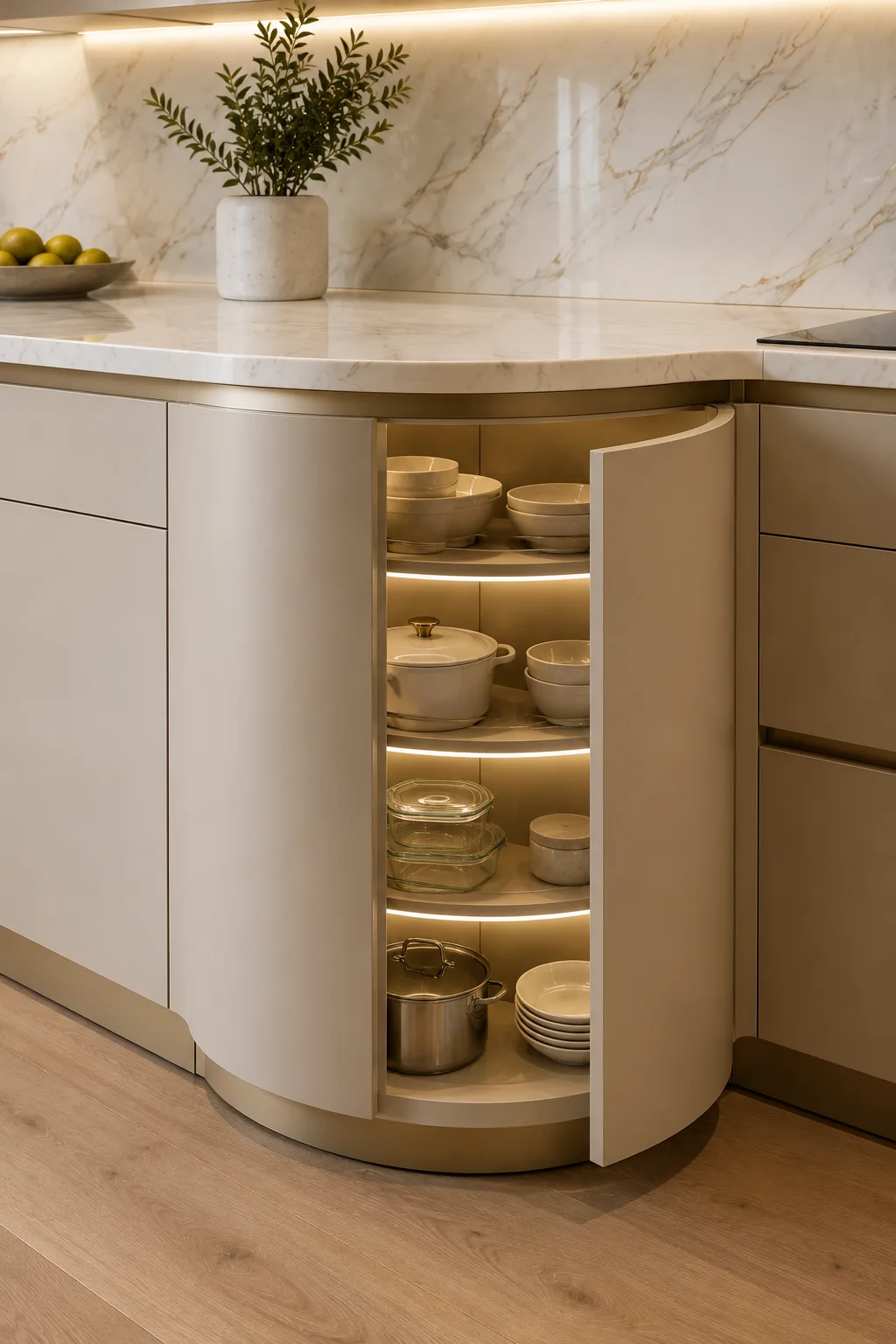 Elegant curved kitchen corner cabinet with rounded cabinet door, curved interior shelving, cookware, serving bowls, food containers, integrated LED lighting, quartz countertop, and premium contemporary cabinetry. Luxury corner cabinet design that combines stylish architecture with functional hidden storage.