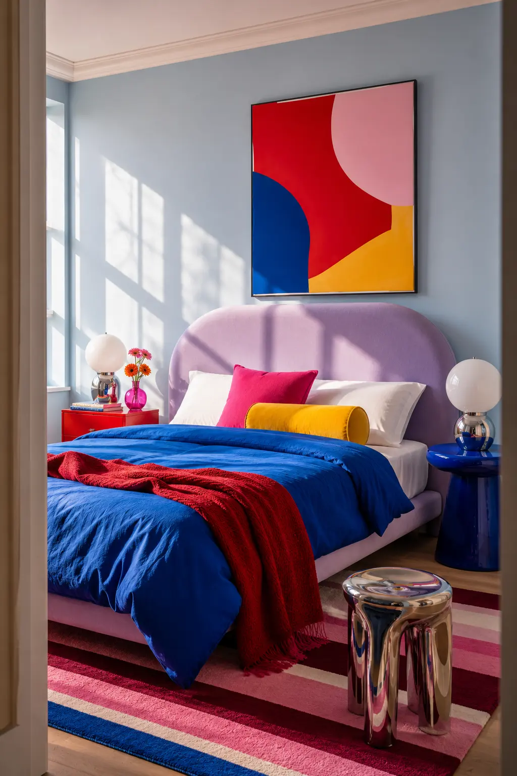 Bold modern bedroom featuring a curved lilac upholstered headboard, cobalt blue bedding, rich red throw blanket, pink cushion, yellow bolster pillow, colorful abstract artwork, glossy bedside tables, chrome lighting, and a striped area rug.