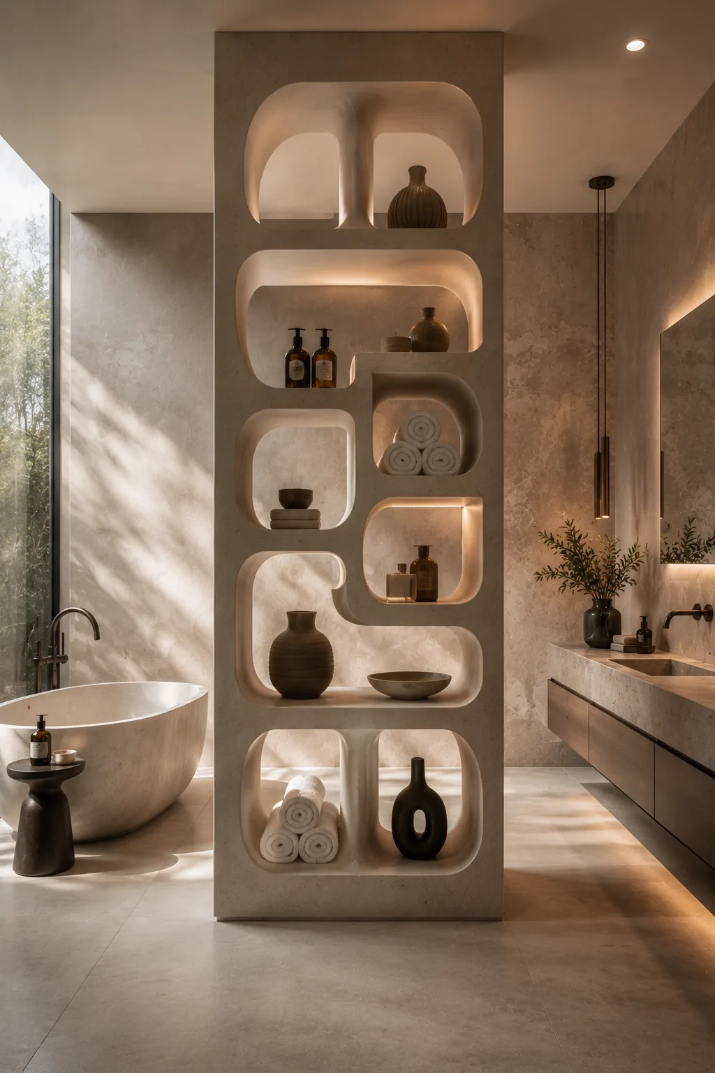Luxury modern bathroom featuring a freestanding sculptural shelf tower with curved open niches, rolled towels, ceramic vessels, skincare products, warm integrated lighting, and creative bathroom storage.