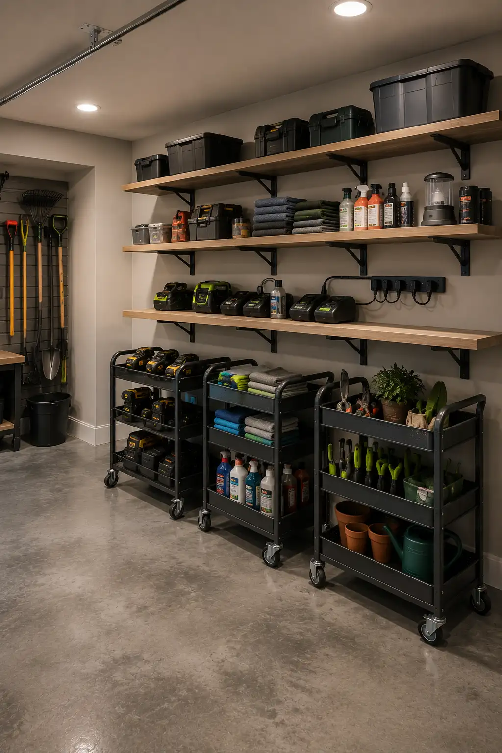 Modern garage organization system featuring three black rolling storage carts arranged beneath long natural wood wall shelves. Separate carts organize power tools and batteries, folded microfiber towels and cleaning supplies, plus gardening tools and pots, creating flexible mobile storage zones for different garage projects and household tasks.