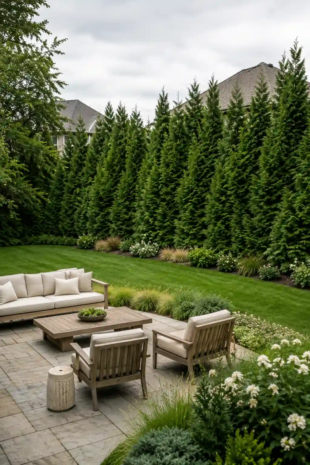 Private backyard surrounded by a dense row of tall evergreen trees creating a natural privacy hedge behind a stone patio, outdoor lounge furniture, green lawn, ornamental grasses, and flowering garden beds.
