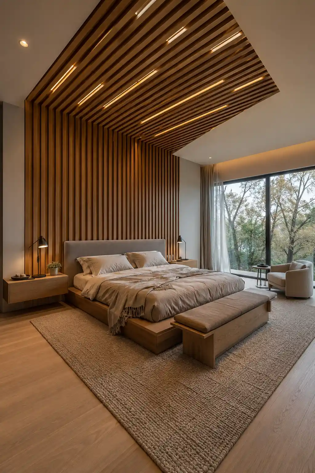 Modern bedroom featuring dramatic wood slats extending from the wall behind the headboard across the ceiling, integrated warm lighting, a low platform bed, neutral layered bedding, floating wood nightstands, and floor to ceiling windows.