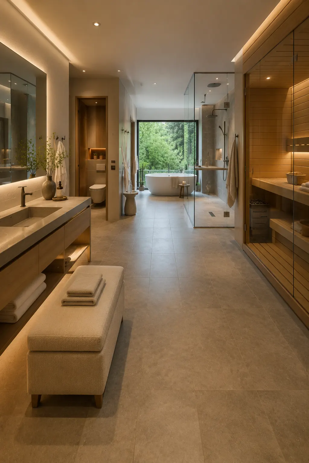 Private home sauna and bath suite featuring a glass front wood sauna with tiered benches, nearby cooling shower, freestanding soaking tub overlooking green outdoor views, floating vanity, changing bench, private toilet room, robe storage, folded towels, and warm integrated lighting.