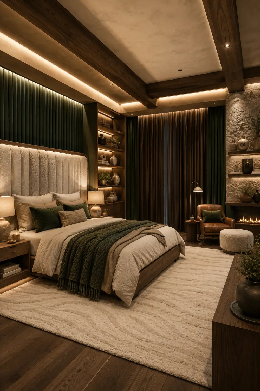 Luxury forest green bedroom with soft cream bedding, rich walnut furniture, cozy fireplace, organic modern interior, elegant bedroom decor, warm wood bedroom ideas, designer color palette inspiration, luxury cabin bedroom, sophisticated home decor, timeless bedroom styling.