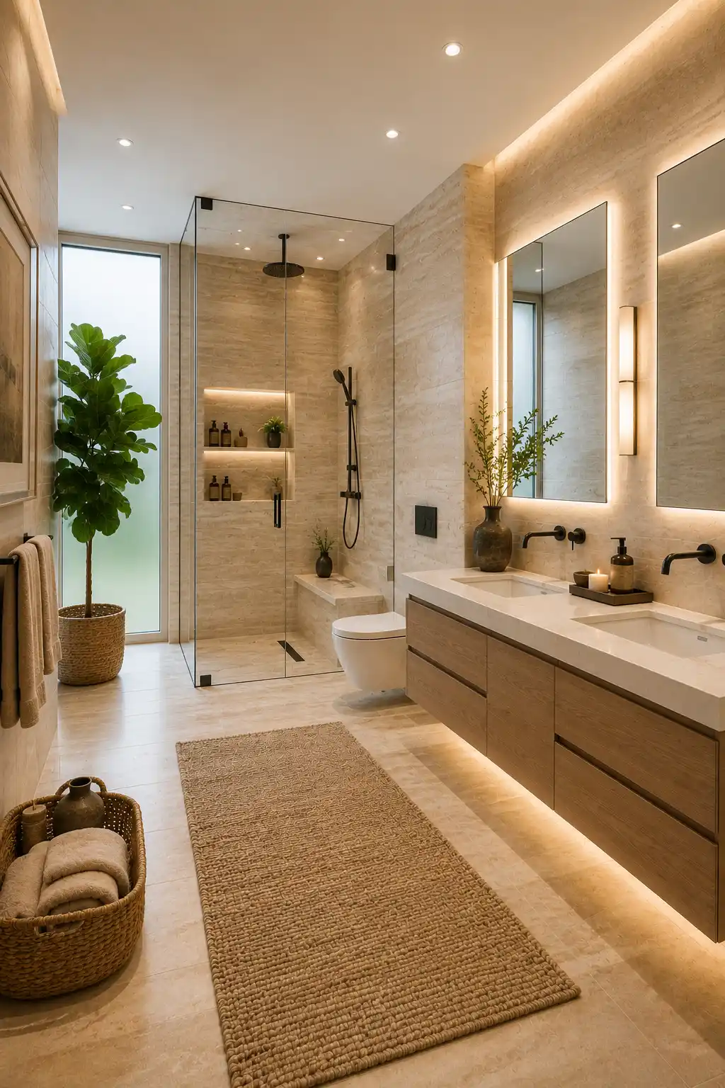 Minimal stone beige bathroom with floating wood vanity, oversized LED mirror, frameless glass shower, matte black hardware, large porcelain tiles, warm ambient lighting, woven baskets, and elegant modern earth tone bathroom inspiration.