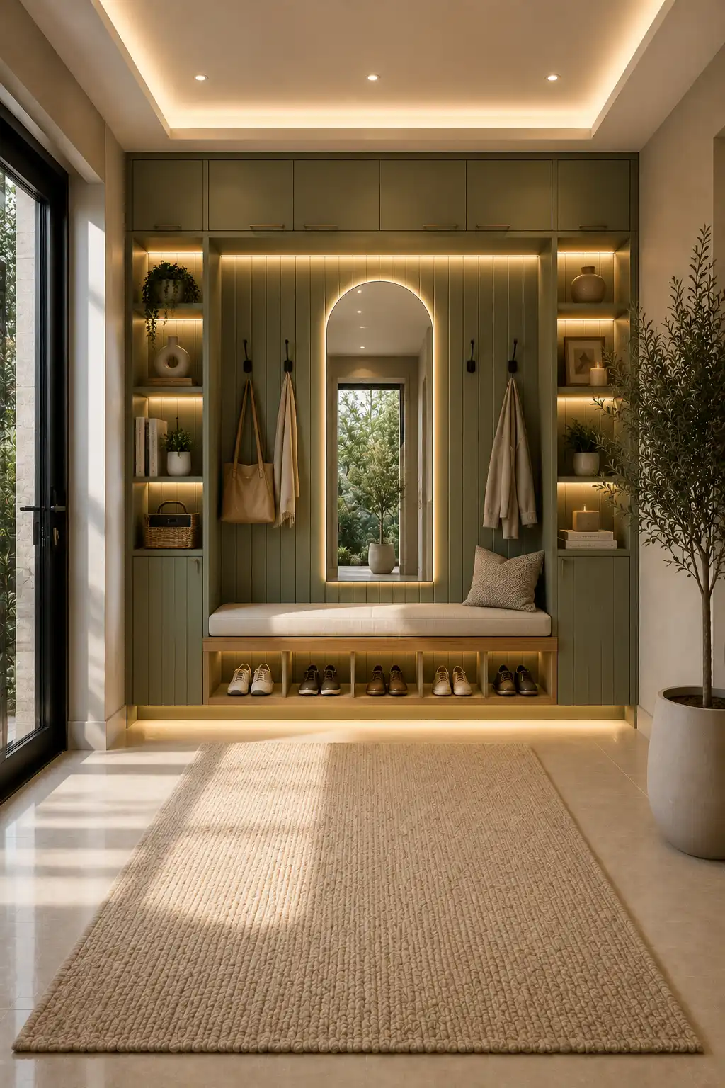 Luxury sage green mudroom with full height built in cabinetry, illuminated shoe cubbies, oak bench, matte black coat hooks, oversized backlit mirror, LED lighting, porcelain flooring, and modern entryway storage for shoes and coats.