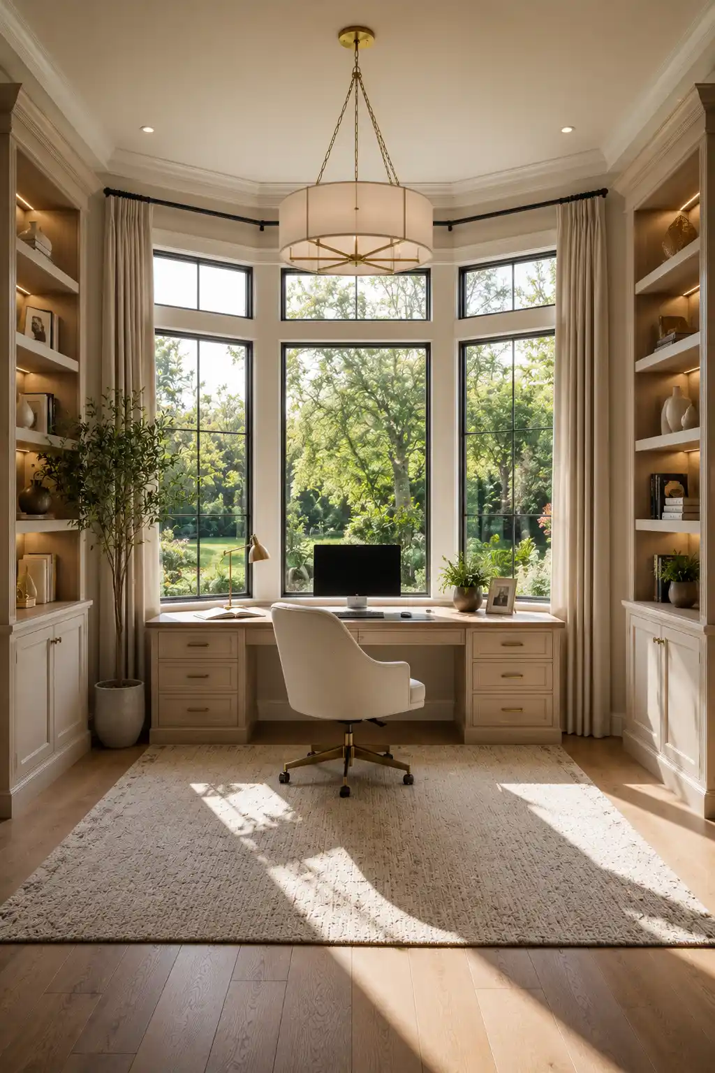 Luxury window nook home office with a custom built in desk beneath oversized windows, floor to ceiling shelving, ergonomic chair, decorative books, indoor plants, soft linen curtains, natural daylight, and elegant modern styling.