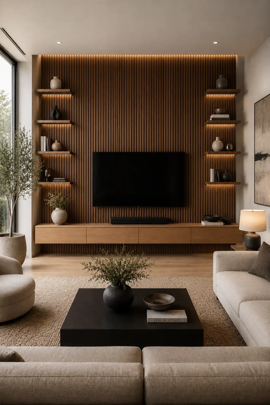 Floor to ceiling fluted wood TV wall with vertical walnut slats, floating media cabinet, decorative wall shelves, concealed warm LED lighting, luxury modern furniture, and a contemporary designer living room with natural wood finishes.
