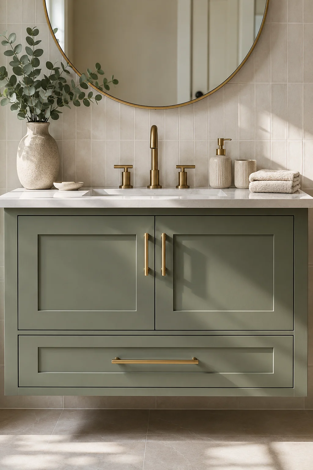 Contemporary sage green floating bathroom vanity with white quartz countertop, brushed brass faucet, round mirror, ceramic accessories, folded towels, eucalyptus stems, and elegant small bathroom decor inspiration for modern homes.