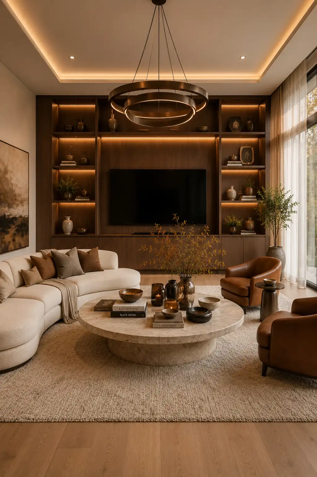 Luxury neutral living room featuring a large round stone coffee table, curved cream sectional sofa, cognac leather accent chairs, decorative coffee table books, ceramic bowls, candles, autumn branches, illuminated walnut built in shelving, textured neutral rug, elegant coffee table styling ideas for fall.