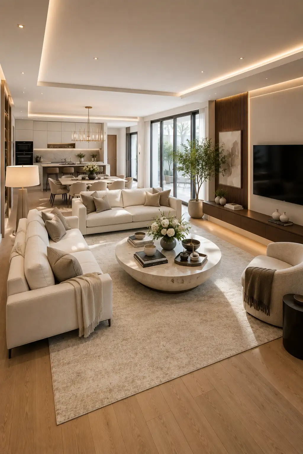 Elegant curved sofa layout in a modern open concept living room featuring a sculptural cream curved sofa, oversized textured area rug, large round stone coffee table, walnut media wall with warm LED lighting, luxury dining area, floor-to-ceiling windows, neutral interior design, and contemporary apartment styling.