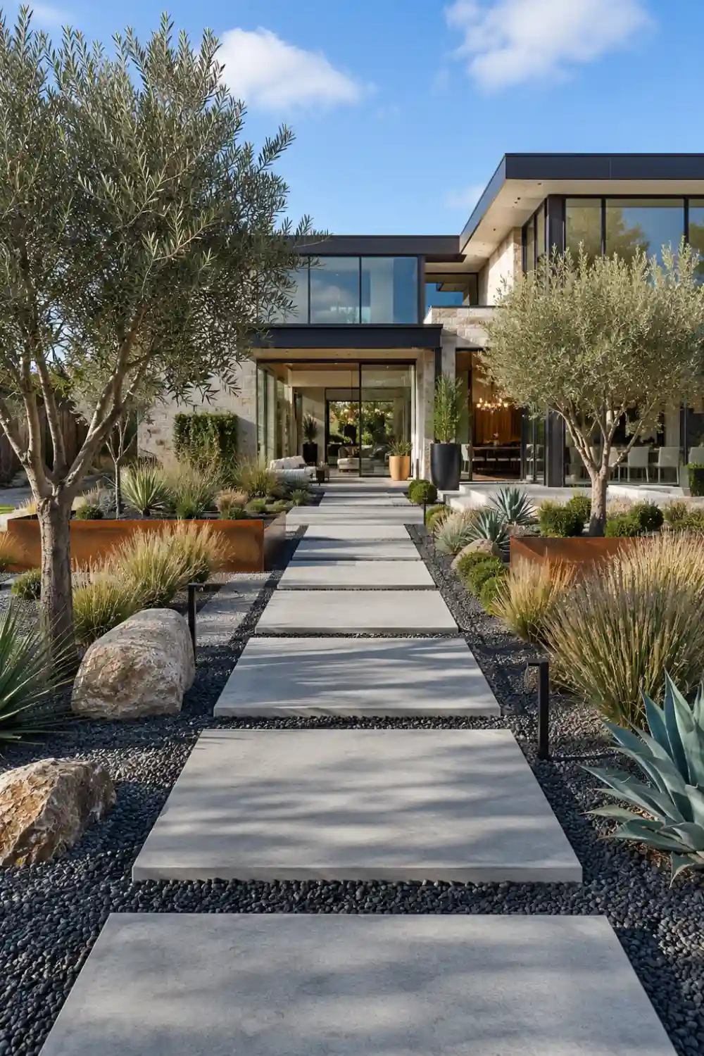 Contemporary concrete slab garden path with black gravel joints, ornamental grasses, olive trees, agave plants, corten steel planters, and luxury modern landscaping leading to a stylish outdoor entrance with architectural appeal.