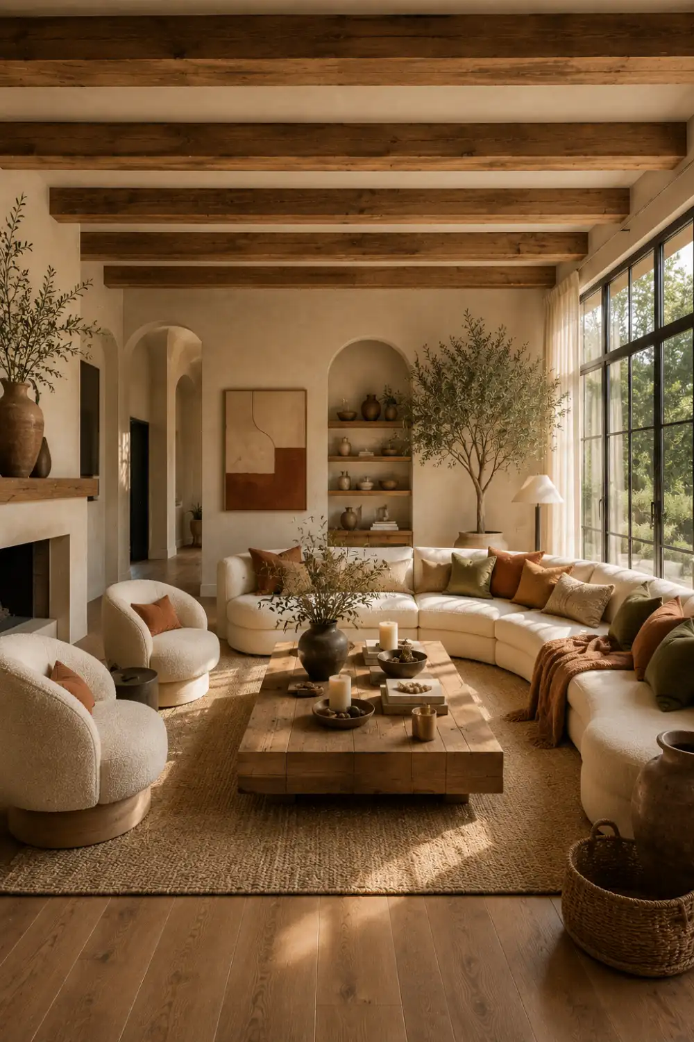 Luxury modern rustic living room designed with a warm earth tone color palette featuring a curved cream sofa, terracotta accent pillows, reclaimed wood ceiling beams, handcrafted oak coffee table, woven rug, ceramic décor, indoor olive tree, oversized windows, linen curtains, and soft golden sunlight for cozy home inspiration.