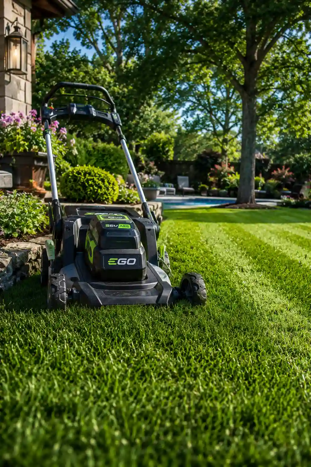 Sharp cordless lawn mower resting on a lush green lawn after mowing, highlighting proper mower blade maintenance, clean grass cutting, healthy lawn care, professional landscaping, and vibrant backyard grass growth.