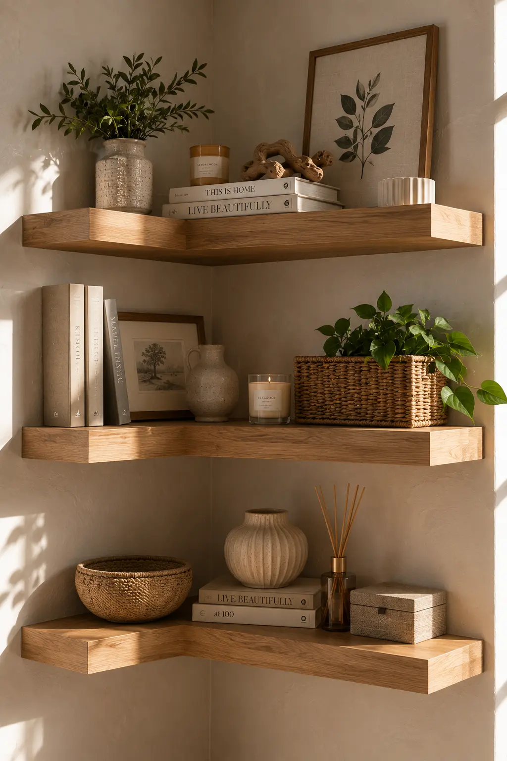 Corner floating shelves styled with books, candles, indoor plants, woven baskets, framed artwork, and decorative storage boxes, making the most of unused wall space in a modern small bedroom.