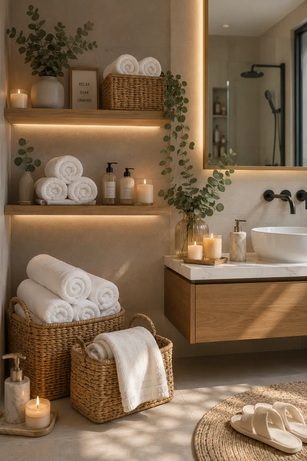 Modern guest bathroom featuring woven rattan storage baskets filled with rolled white towels beneath a floating vanity with wooden shelves, candles, greenery, and warm neutral spa inspired bathroom decor.