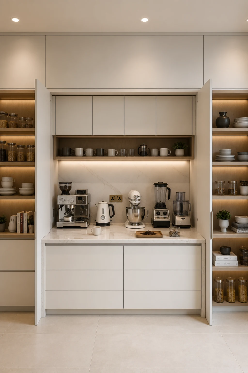 Luxury pantry appliance garage with hidden coffee station, stand mixer, blender, toaster, quartz countertop, open oak shelving, custom white cabinetry, integrated LED lighting, organized appliance storage, and modern pantry organization ideas for elegant kitchens.