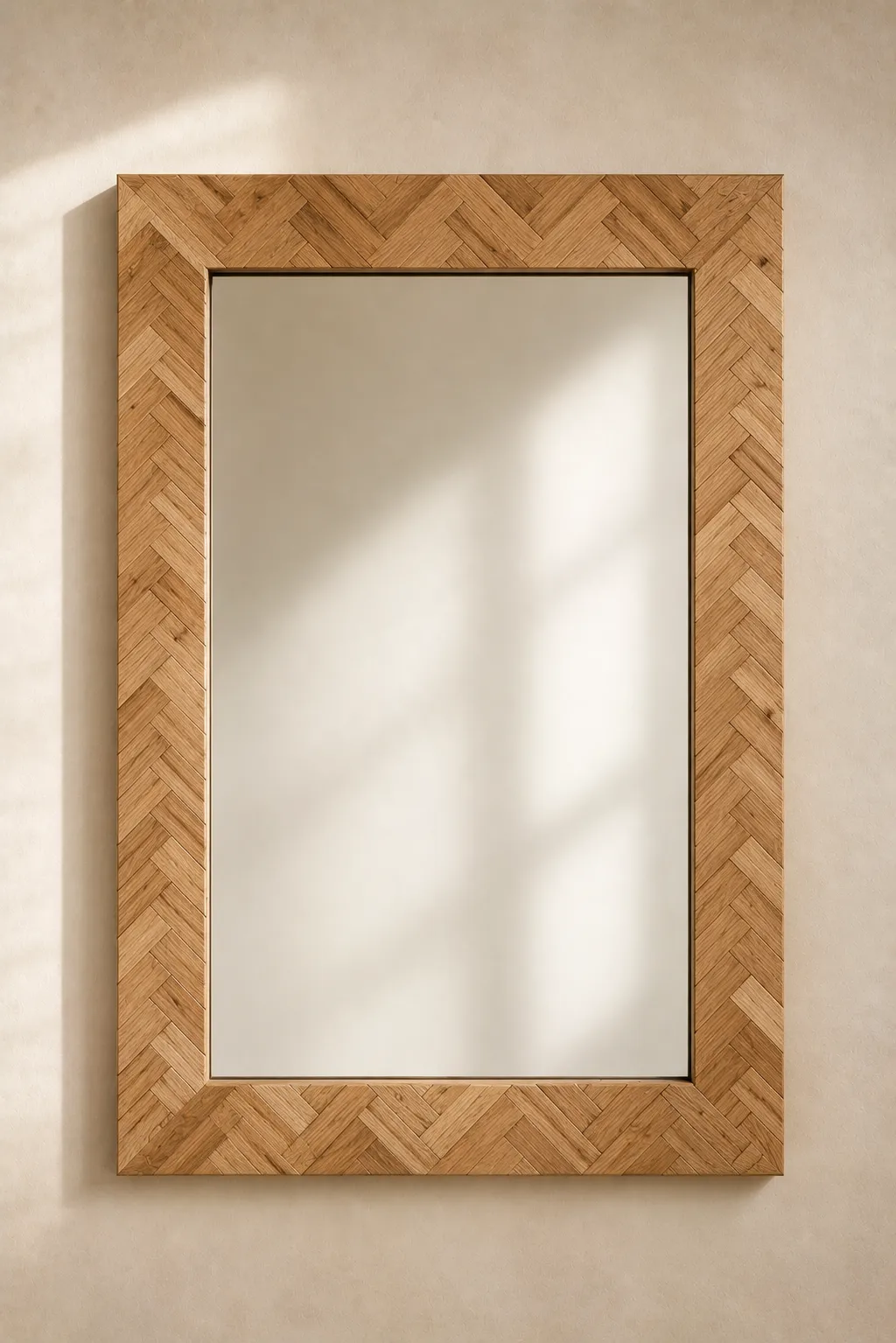 Herringbone wood mirror frame featuring a handcrafted rectangular wall mirror surrounded by beautifully arranged natural oak wood strips in a classic herringbone pattern. Mounted on a warm textured wall, this DIY mirror frame is perfect for Scandinavian interiors, farmhouse décor, luxury entryway mirrors, woodworking inspiration, and elegant home improvement projects.