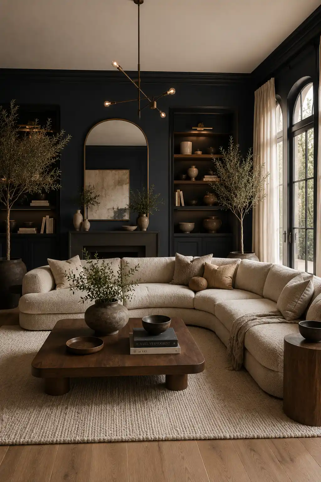 Modern blue black and oatmeal living room featuring deep blue black walls, curved oatmeal boucle sectional sofa, walnut wood coffee table, matte black fireplace, oversized arched mirror, built in shelving, textured ivory rug, decorative pottery, indoor olive trees, linen curtains, and contemporary minimalist interior design.