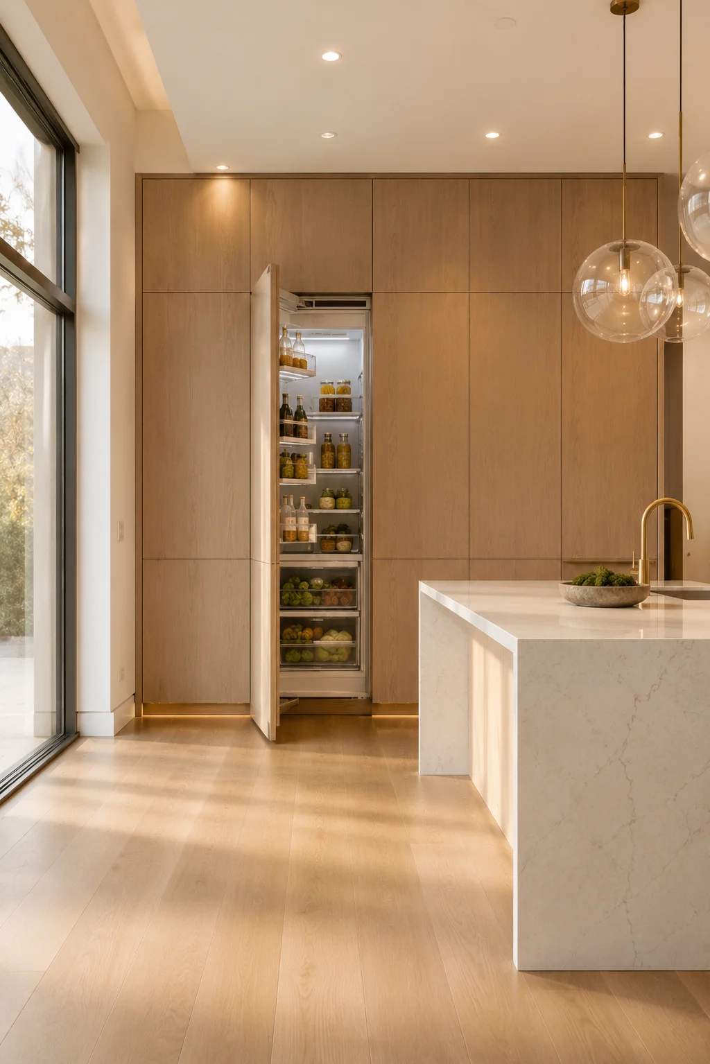 Luxury concealed refrigerator integrated into floor to ceiling white oak cabinetry featuring custom cabinet panels, hidden fridge design, waterfall quartz island, brass faucet, minimalist kitchen layout, modern open concept home, seamless appliance integration, and elegant contemporary kitchen inspiration.