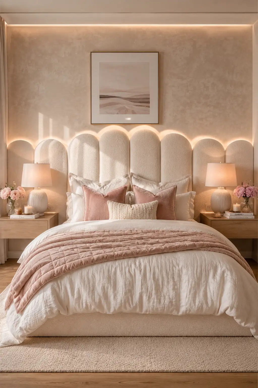 Luxury layered neutral bedding with blush accents, upholstered headboard, decorative pillows, soft throws, warm bedside lighting, and elegant teen girl bedroom decor inspiration.
