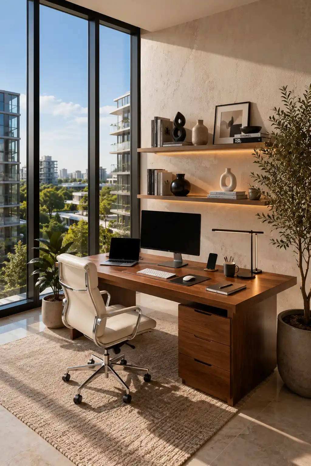 Luxury small home office ideas featuring a wooden executive desk beside floor to ceiling windows, floating shelves, warm LED lighting, ergonomic office chair, indoor plants, modern workspace, natural sunlight, elegant office décor, productive home office inspiration.