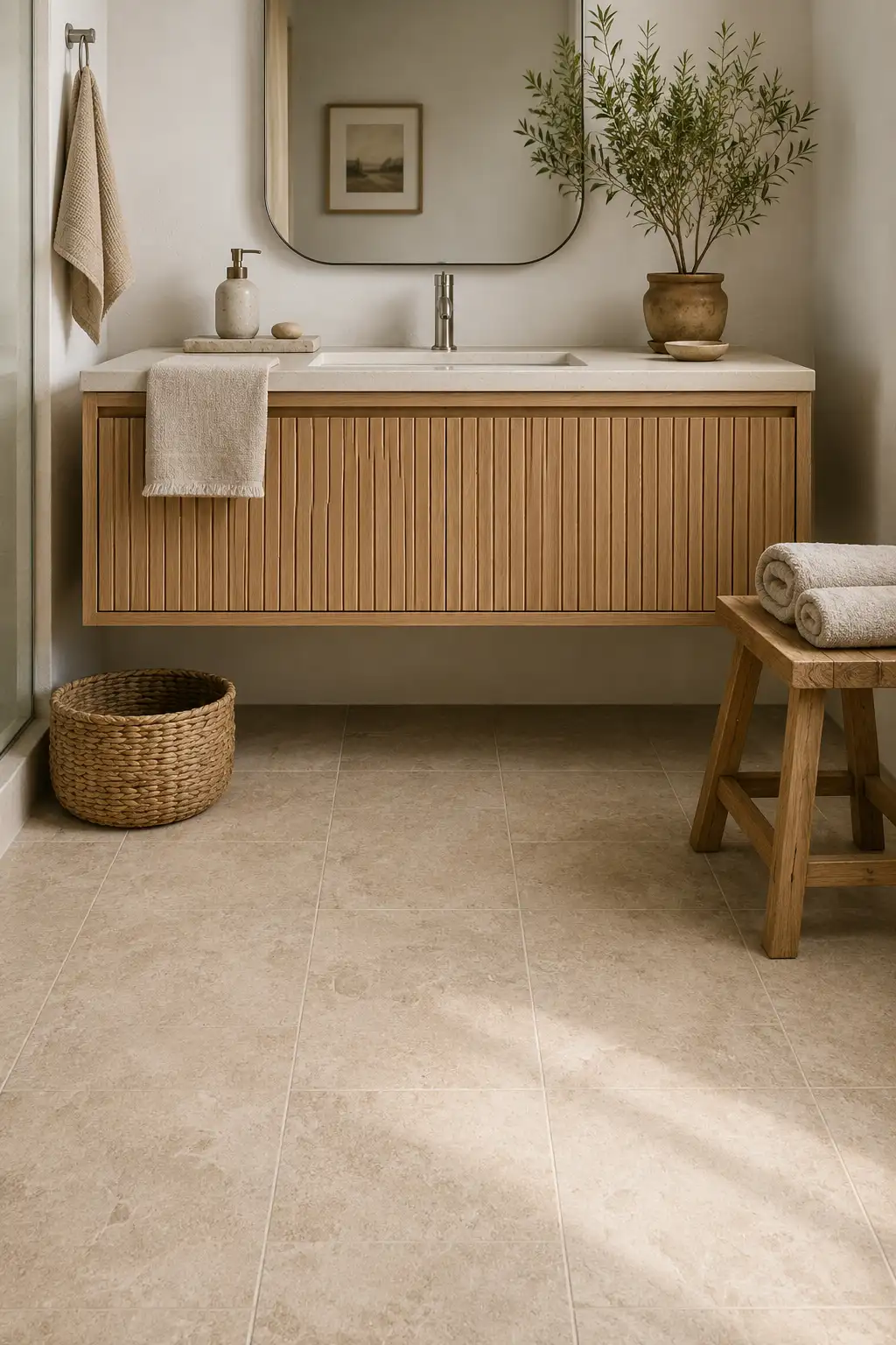 Modern floating wood bathroom vanity with white quartz countertop, oversized mirror, neutral accessories, woven basket, folded towels, decorative plant, contemporary bathroom cabinet design, luxury small bathroom makeover inspiration.