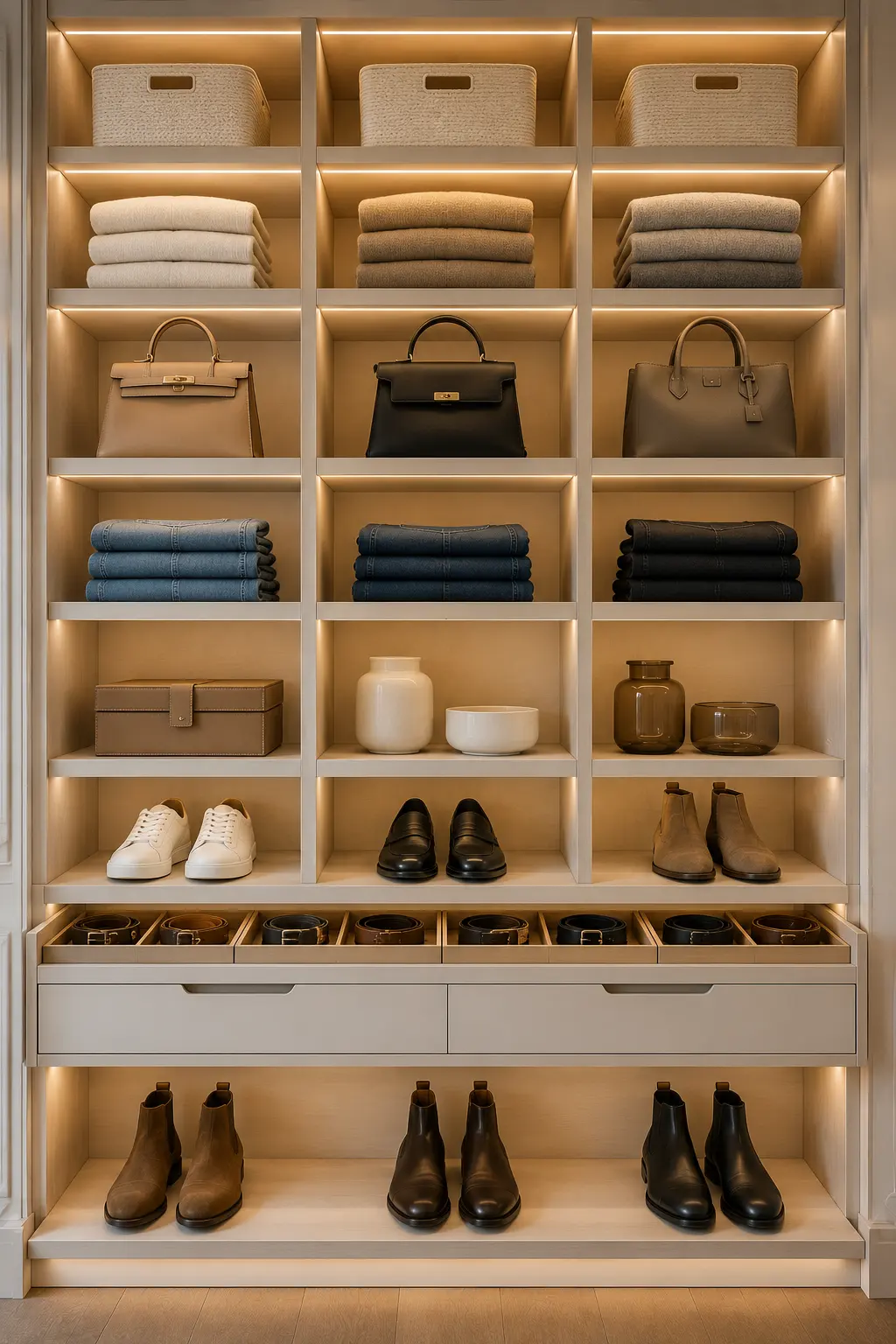 Floor to ceiling open shelving inside a luxury custom closet featuring organized handbags, folded clothing, shoes, decorative storage boxes, premium wood cabinetry, warm integrated LED lighting, modern wardrobe layout, and space saving small closet organization ideas.