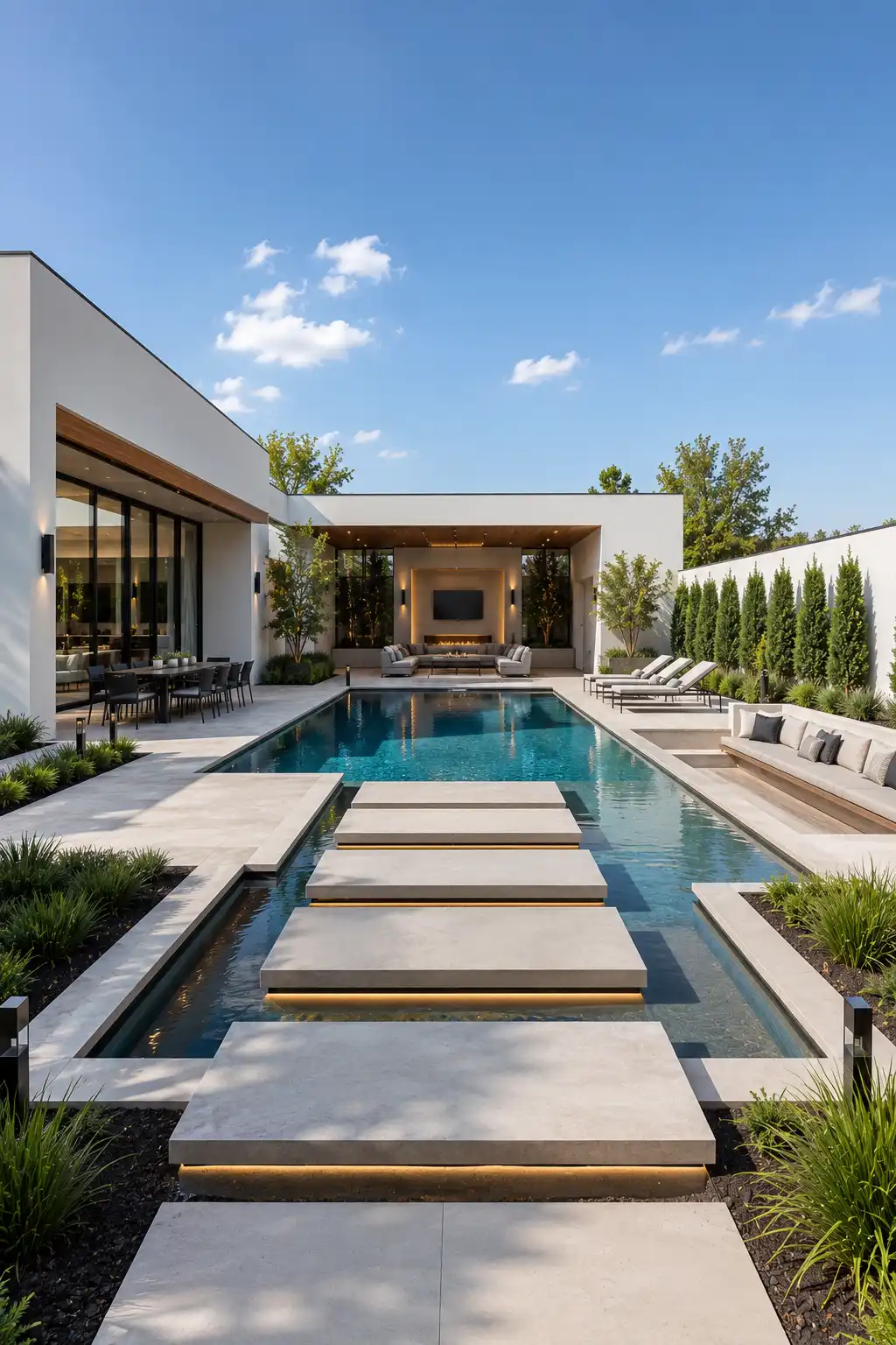 Modern backyard pool with floating stepping stone walkway, oversized architectural concrete slabs, LED lighting, premium outdoor lounge, contemporary white home, landscaped garden beds, porcelain pavers, and luxury resort style pool entrance.