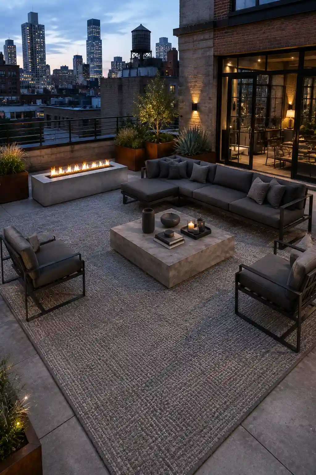Modern industrial rooftop patio featuring a sophisticated gray outdoor rug beneath a charcoal sectional sofa, matching lounge chairs, large concrete coffee table, sleek fire feature, city skyline views, architectural lighting, steel planters, contemporary brick architecture, and an elegant urban outdoor living space.