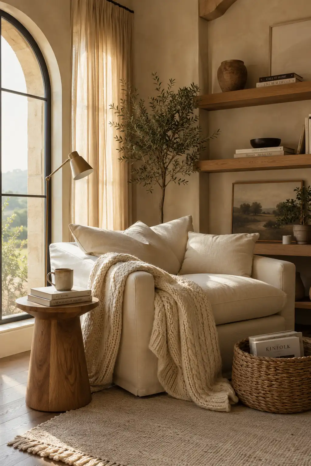 Oversized lounge reading chair with soft linen upholstery, chunky knit blanket, wooden side table, floating shelves, woven basket, indoor olive tree, and warm neutral reading nook decor.