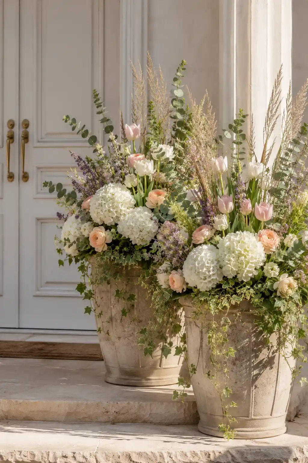 Oversized stone planters filled with blooming white hydrangeas, blush tulips, lavender, eucalyptus, trailing ivy, and lush greenery framing a modern front door with elegant spring curb appeal and luxury outdoor styling.