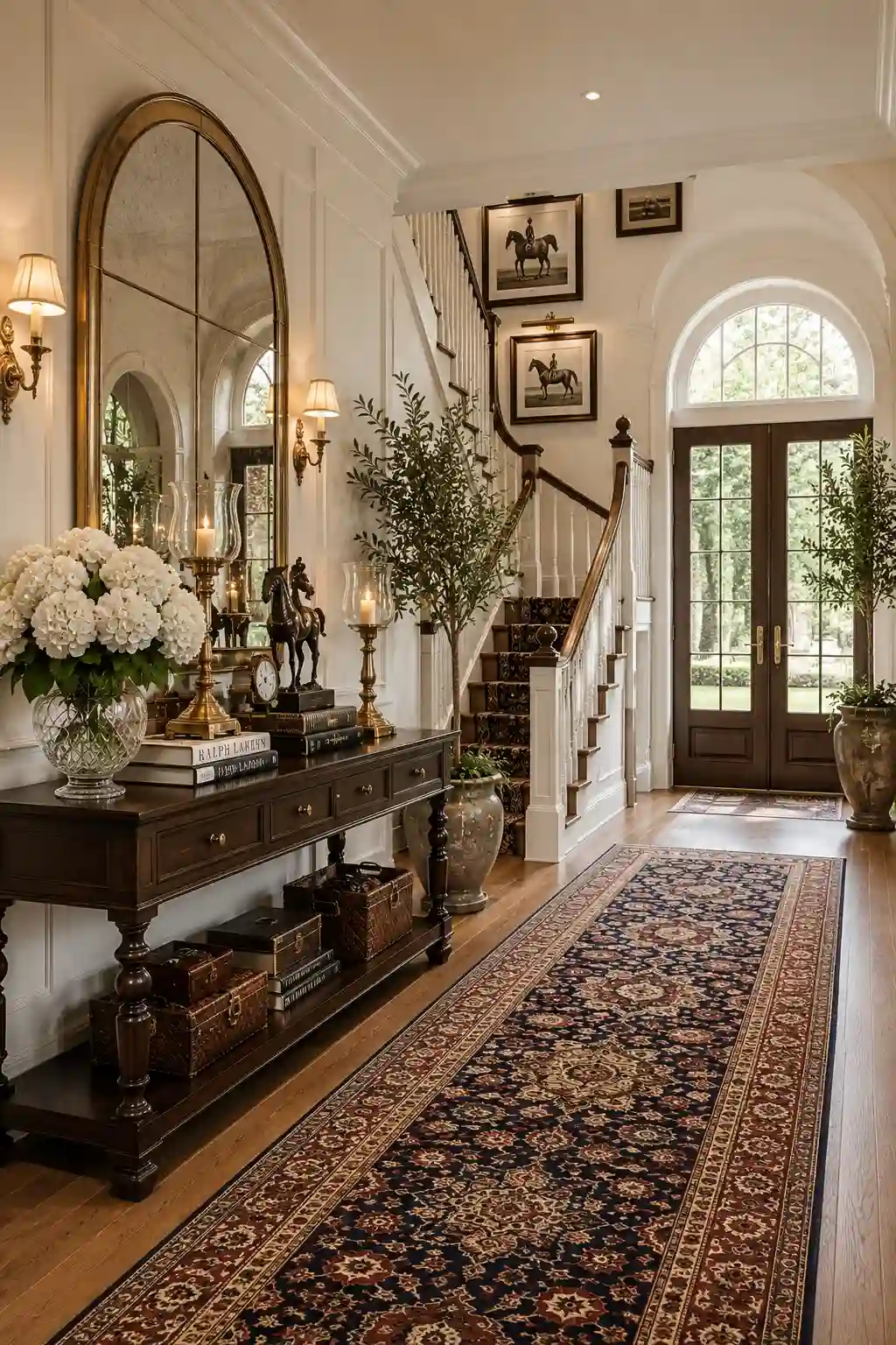 Grand Ralph Lauren entryway with a walnut console table, oversized antique brass arch mirror, Persian hallway runner, classic staircase, white wall molding, brass wall sconces, fresh white flowers, decorative books, luxury accessories, hardwood flooring, and timeless traditional foyer decor.