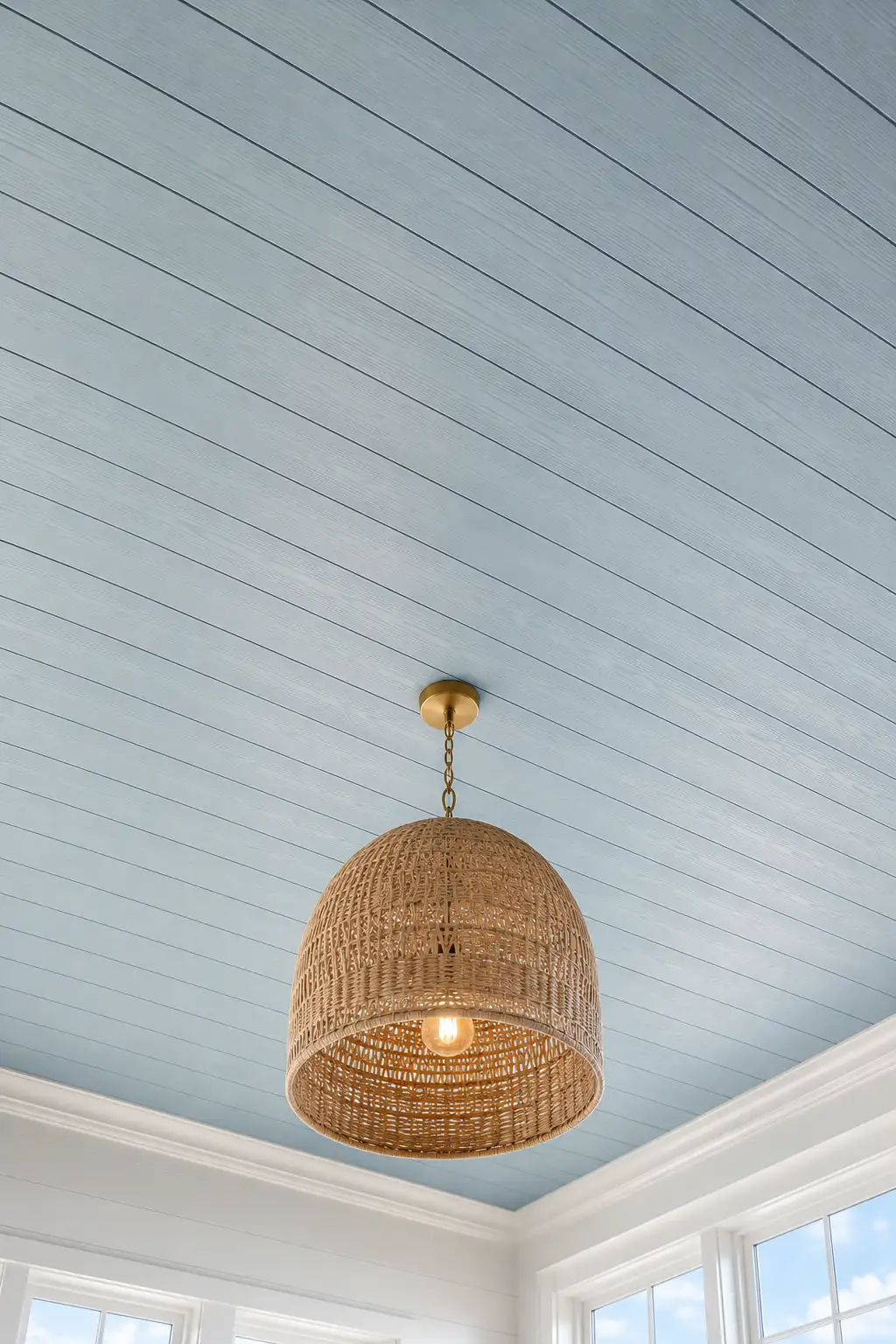 Soft blue painted shiplap ceiling with woven rattan pendant light, coastal inspired ceiling design, light blue wood planks, bright airy interior, relaxed beach house style, elegant cottage ceiling inspiration, timeless coastal decor, premium blue shiplap ceiling ideas with natural textures