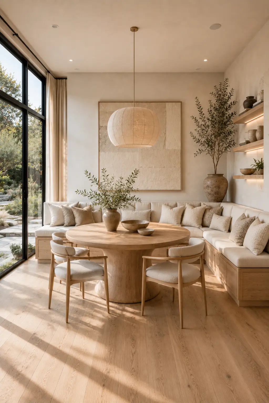 Minimal white oak banquette seating with built in storage, round oak dining table, paper lantern pendant, neutral dining room décor, floating shelves, cozy breakfast nook, Scandinavian inspired dining room, custom built in bench, timeless dining room design.