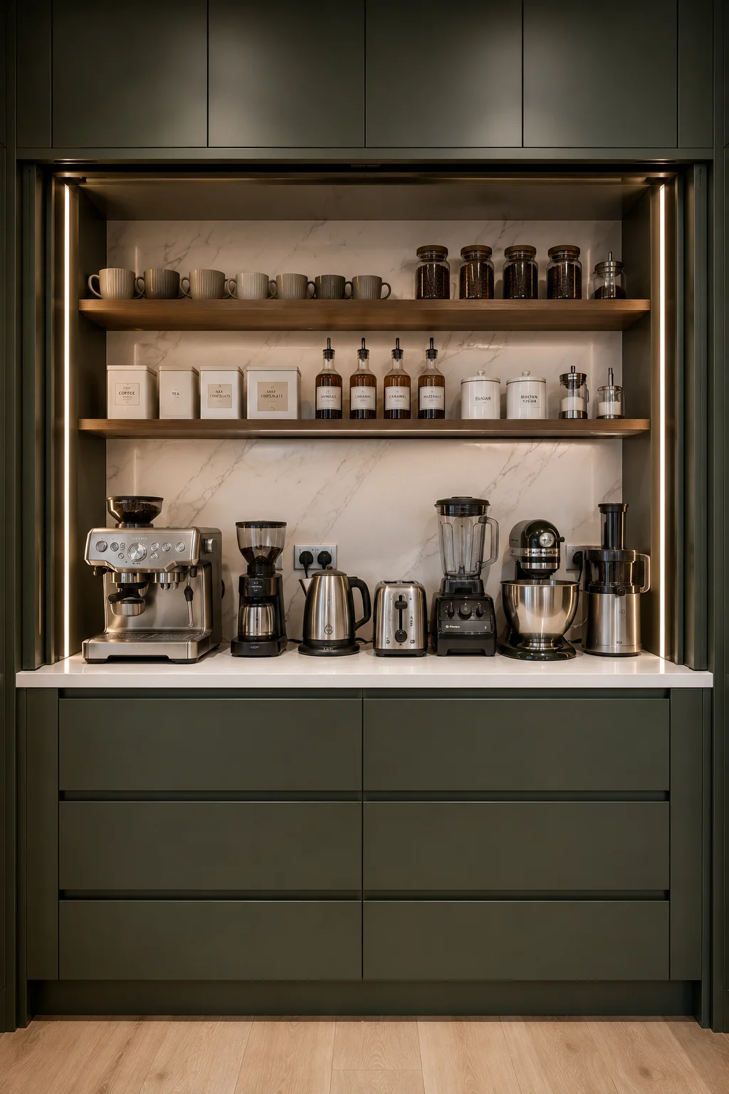 Built in coffee station kitchen cabinet featuring espresso machine, coffee grinder, mugs, tea storage, pantry jars, small appliances, open shelving, warm LED lighting, and organized beverage preparation area. Modern luxury kitchen cabinet designed for hidden appliance storage and everyday convenience.