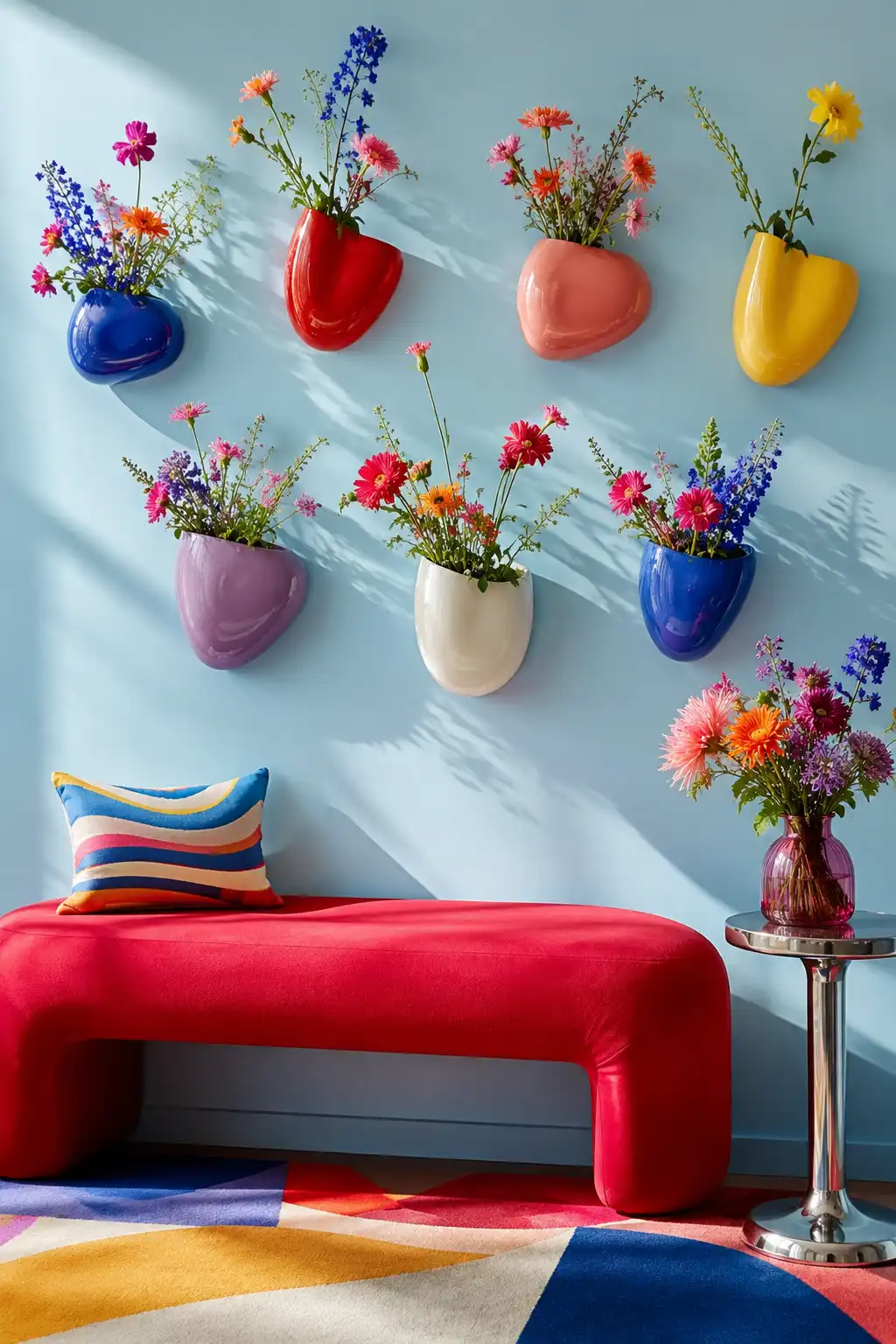 Creative modern wall display featuring colorful ceramic flower pockets in cobalt blue, red, coral pink, yellow, lilac, and white, filled with vibrant seasonal flowers above a bold red bench and graphic multicolor rug.
