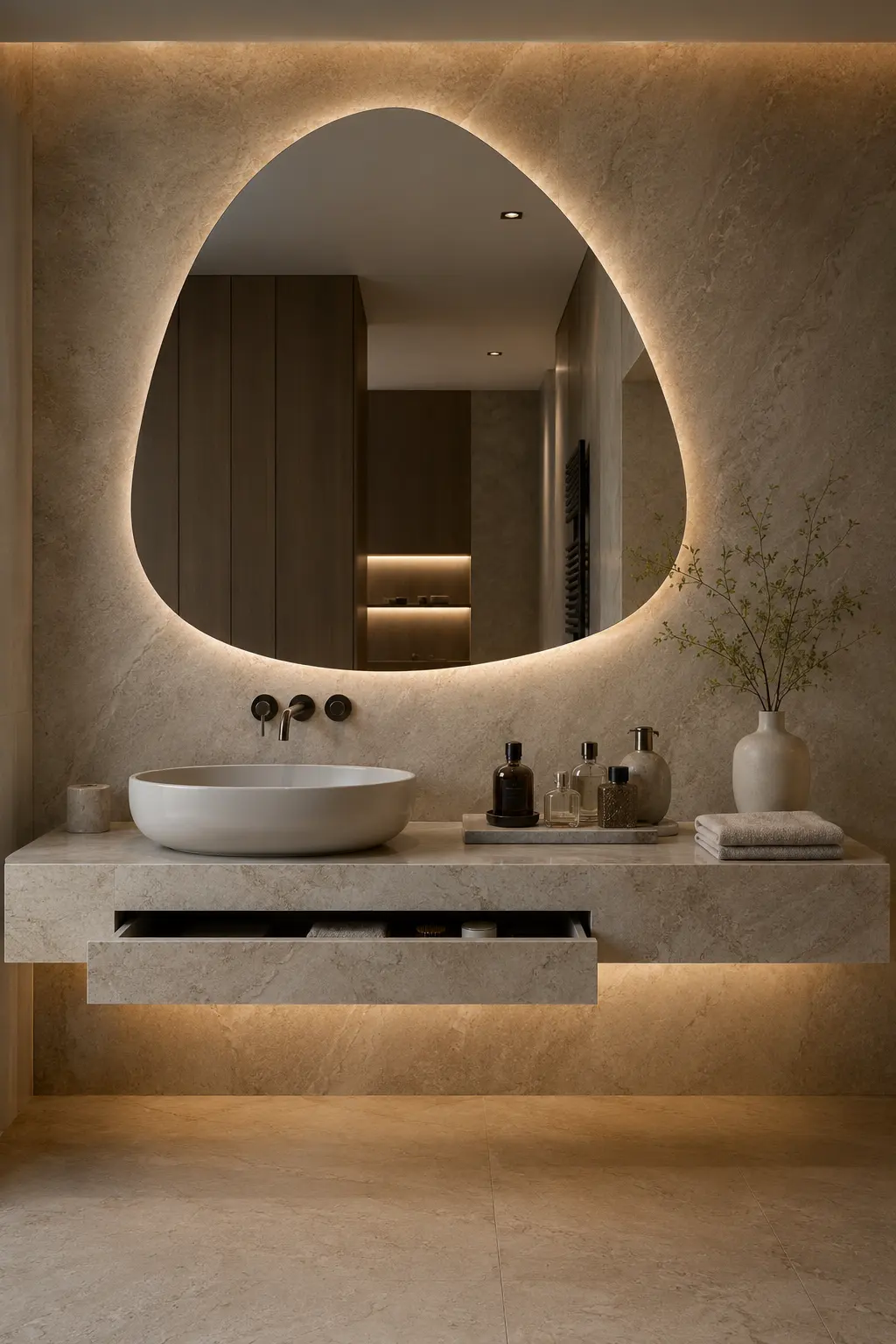 Luxury modern bathroom vanity featuring a floating stone shelf with a concealed storage drawer, curved illuminated mirror, vessel sink, perfume tray, folded towels, and minimalist bathroom organization.