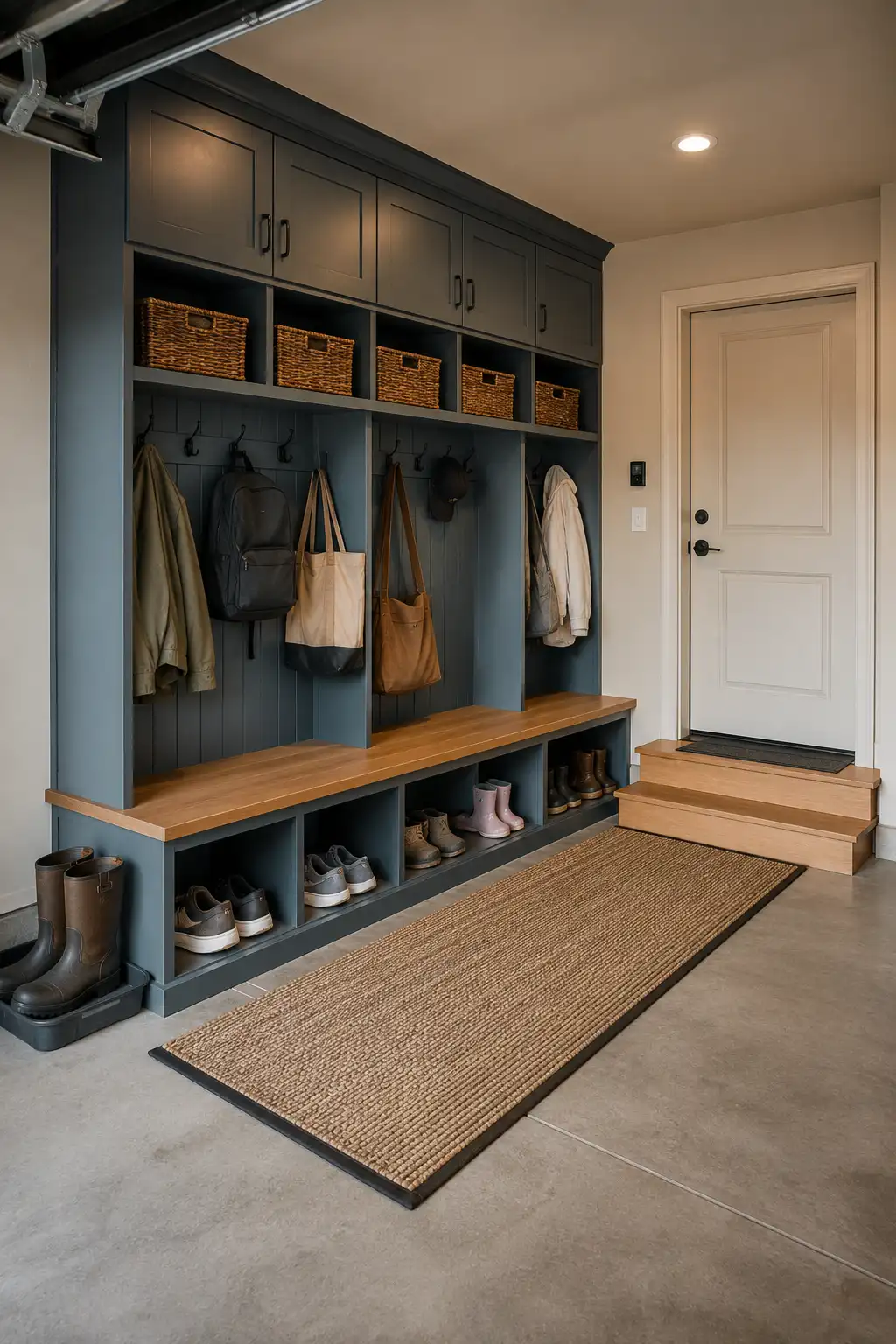 Stylish garage mudroom drop zone featuring dark blue gray built in cabinetry, a long natural wood bench, open shoe cubbies, individual coat hooks, backpacks, jackets, tote bags, and woven storage baskets. A durable runner rug and boot tray create an organized and practical entryway between the garage and home.